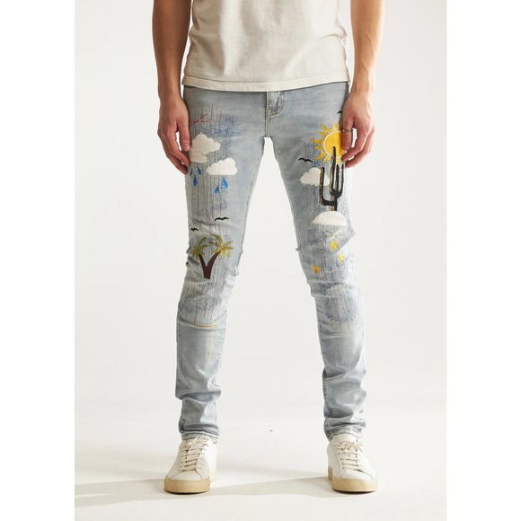 Embellish NYC Men's Indio Embroidered Distressed Skinny Fit Stretch Denim Jeans